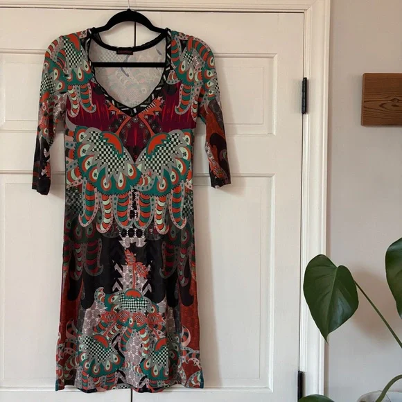 Custo Barcelona Dress Size Medium Abstract Boho 90s Y2K Knee Length Artsy V-Neck - Picture 2 of 16